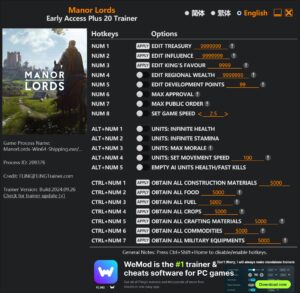 Manor Lords Trainer +20 Options