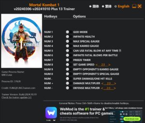 Mortal Kombat 1 Trainer 13 Options · Game Version: v20240306-v20241010+