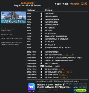 Sunkenland Trainer 23 Options · Game Version: Early Access+
