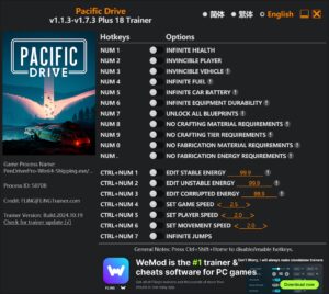 Pacific Drive Trainer 18 Options · Game Version: v1.1.3-v1.7.3+