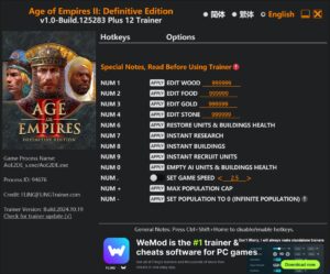 Age of Empires II: Definitive Edition Trainer 12 Options · Game Version: v1.0-Build.125283+