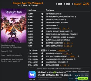 Dragon Age: The Veilguard Trainer 18 Options · Game Version: v1.0+