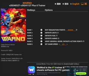 WARNO Trainer 6 Options · Game Version: v20240527-v20241127+
