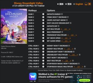 Disney Dreamlight Valley Trainer 18 Options · Game Version: v1.0-v20241120+