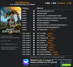 The Riftbreaker Trainer 19 Options · Game Version: v1.0-v20241016+