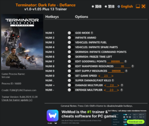 Terminator: Dark Fate – Defiance Trainer 13 Options · Game Version: v1.0-v1.05+