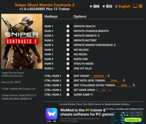 Sniper Ghost Warrior Contracts 2 Trainer 15 Options · Game Version: v1.0-v20240905+