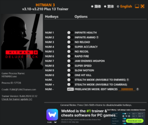 HITMAN 3 Trainer 13 Options · Game Version: v3.10-v3.210+