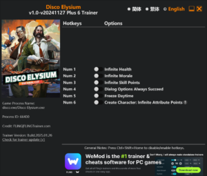 Disco Elysium Trainer 6 Options · Game Version: v1.0-v20241127+