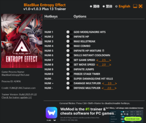 BlazBlue Entropy Effect Trainer 13 Options · Game Version: v1.0-v1.0.3+