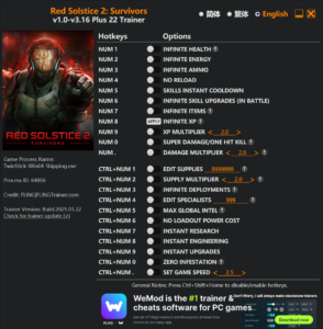 Red Solstice 2: Survivors Trainer 22 Options · Game Version: v1.0-v3.16+