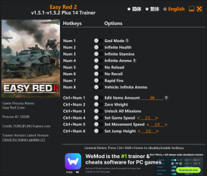 Easy Red 2 Trainer 14 Options · Game Version: v1.5.1-v1.5.2+