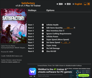 Satisfactory Trainer 10 Options · Game Version: v1.0-v1.1+
