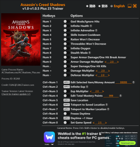 Assassin’s Creed Shadows Trainer 23 Options Game Version:v1.0-v1.0.5+