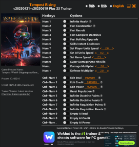 Tempest Rising Trainer 23 Options · Game Version: v20240421-v20250619+