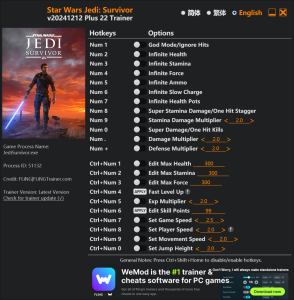 Star Wars Jedi: Survivor Trainer 14 Options · Game Version: v20241212+