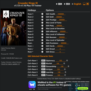 Crusader Kings III Trainer 19 Options · Game Version: v1.0-v1.16+
