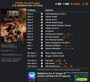DOOM: The Dark Ages Trainer 18 Options · Game Version: v1.0-v20250618+