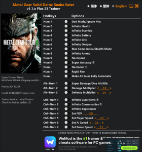 Metal Gear Solid Delta: Snake Eater Trainer 23 Options Game Version: v1.1.x+